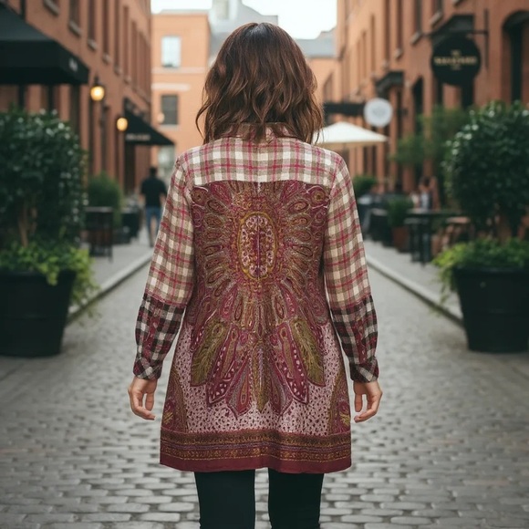 Anthropologie Aratta Silent Journey Boho Multicolor Plaid Button-Down Top - Picture 7 of 8